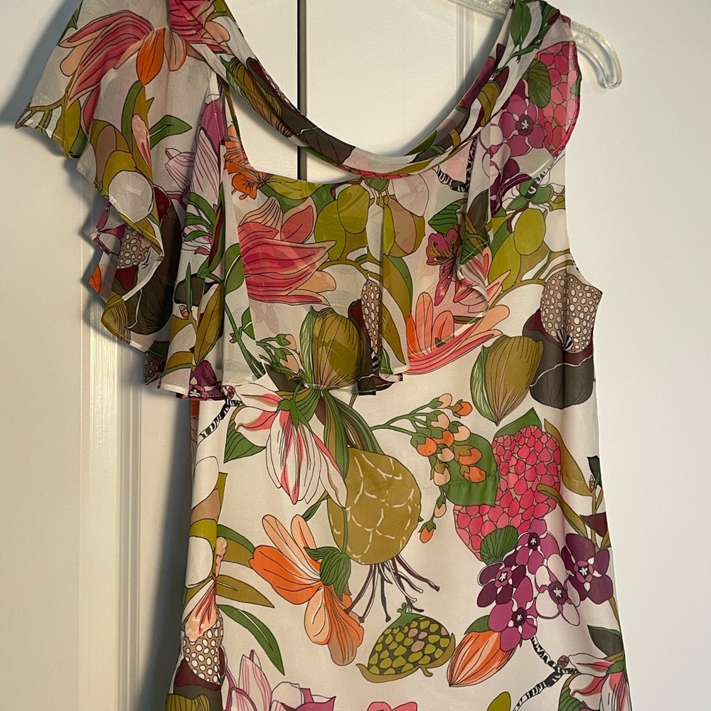 Trina Turk Green and Pink Flutter Sleeve Ruffled Blouse
